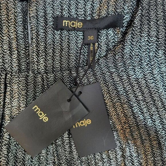 NWT Maje Ralery Mini Dress Argent Women's Striped Metallic Long Sleeve - Size 4 - Picture 4 of 12